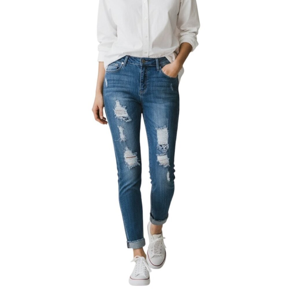 Cello Women's Skinny Jeans 9 Distressed Raw Cuffed Hem Blue Medium Wash Stretch